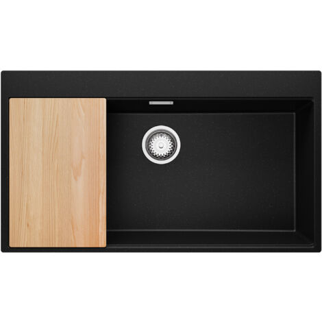 PRIMAGRAN Evier Cuisine en Granit 88x50cm, Lavabo 1 bac + Kit de Vidage + Planche à Découper, Évier à Encastrer au meuble 90cm - Oslo, Noir Métallisé