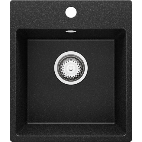 PRIMAGRAN Evier Cuisine en Granit 38x44cm, Lavabo 1 bac + Kit de Vidage, Évier à Encastrer au meuble 40cm - Riga Easy, Graphite
