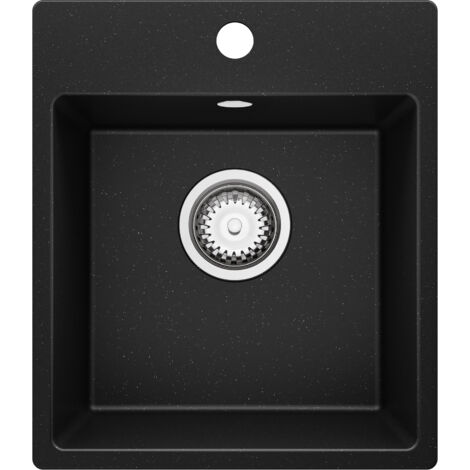 PRIMAGRAN Evier Cuisine en Granit 38x44cm, Lavabo 1 bac + Kit de Vidage, Évier à Encastrer au meuble 40cm - Riga Easy, Noir Métallisé
