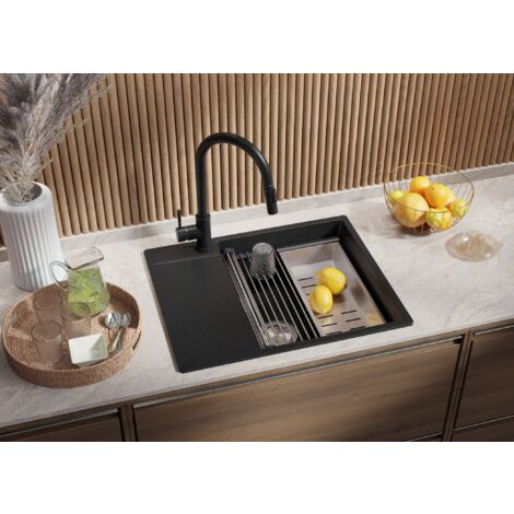 Evier Cuisine en Granit 62 x 50 cm Lavabo 1 bac + Siphon Classique + égouttoir enroulable, Évier à Encastrer de Primagran, Graphite
