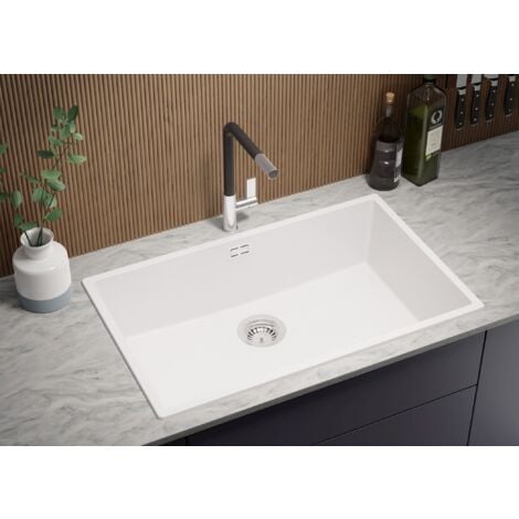 Evier Cuisine 76 x 47 cm Evier en Granit 1 bac + Siphon Classique, Lavabo Cuisine de Primagran, Blanc