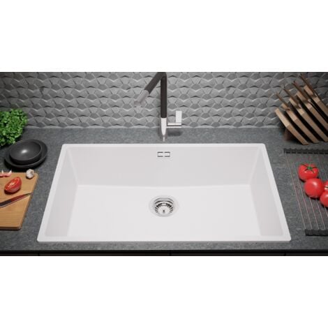 Evier Cuisine 76 x 47 cm Evier en Granit 1 bac + Siphon Classique, Lavabo Cuisine de Primagran, Blanc