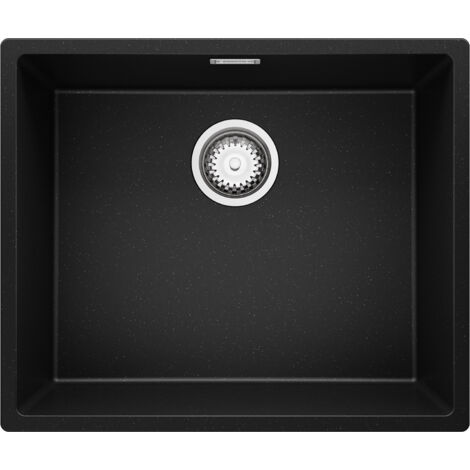 PRIMAGRAN Evier Cuisine en Granit 56x47cm, Lavabo 1 bac + Kit de Vidage, Évier à Encastrer au meuble 60cm - London Slim, Noir Métallisé