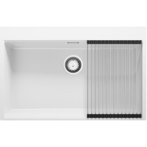 PRIMAGRAN Evier Cuisine en Granit 78x50cm, Lavabo 1 bac + Kit de Vidage + Égouttoir Enroulable, Évier à Encastrer au meuble 80cm - Oslo, Blanc