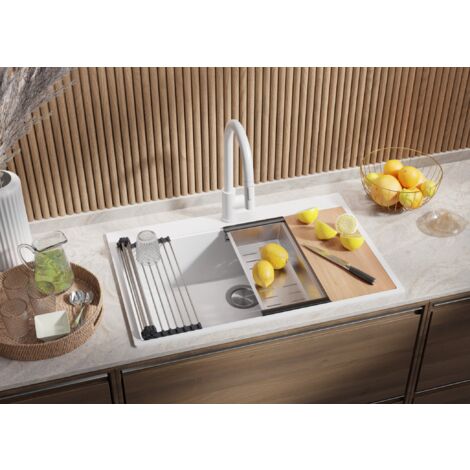 PRIMAGRAN Evier Cuisine en Granit 78x50cm, Lavabo 1 bac + Kit de Vidage + Égouttoir Enroulable, Évier à Encastrer au meuble 80cm - Oslo, Blanc