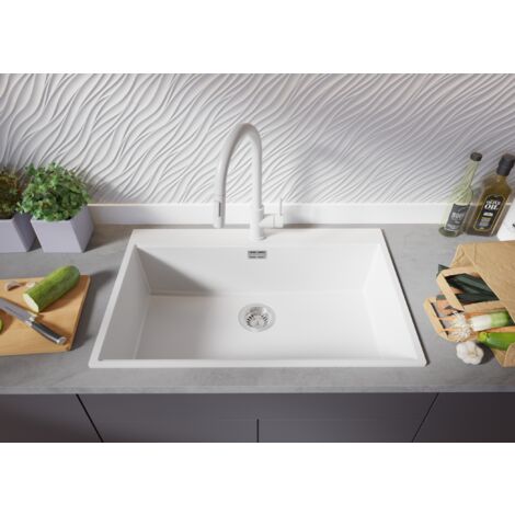 PRIMAGRAN Evier Cuisine en Granit 78x50cm, Lavabo 1 bac + Kit de Vidage + Égouttoir Enroulable, Évier à Encastrer au meuble 80cm - Oslo, Blanc
