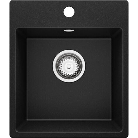 PRIMAGRAN Evier Cuisine en Granit 38x44cm, Lavabo 1 bac + Kit de Vidage, Évier à Encastrer au meuble 40cm - Riga Easy, Noir