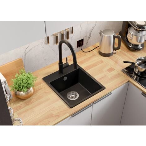 PRIMAGRAN Evier Cuisine en Granit 38x44cm, Lavabo 1 bac + Kit de Vidage, Évier à Encastrer au meuble 40cm - Riga Easy, Noir