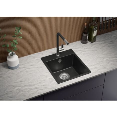 PRIMAGRAN Evier Cuisine en Granit 38x44cm, Lavabo 1 bac + Kit de Vidage, Évier à Encastrer au meuble 40cm - Riga Easy, Noir