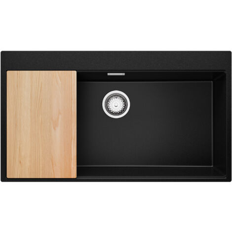 PRIMAGRAN Evier Cuisine en Granit 88x50cm, Lavabo 1 bac + Kit de Vidage + Planche à Découper, Évier à Encastrer au meuble 90cm - Oslo, Noir