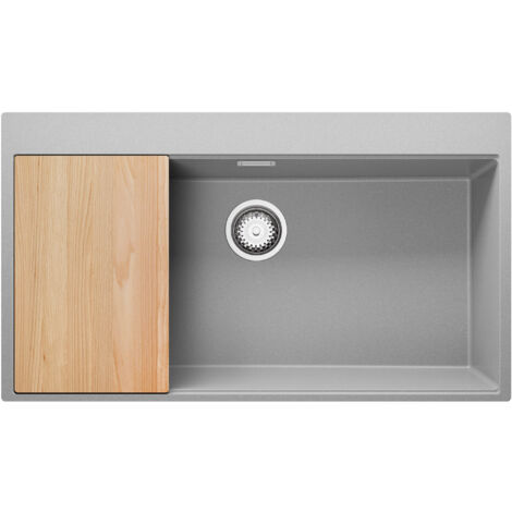PRIMAGRAN Evier Cuisine en Granit 88x50cm, Lavabo 1 bac + Kit de Vidage + Planche à Découper, Évier à Encastrer au meuble 90cm - Oslo, Gris