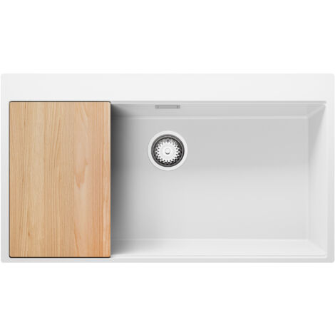 PRIMAGRAN Evier Cuisine en Granit 88x50cm, Lavabo 1 bac + Kit de Vidage + Planche à Découper, Évier à Encastrer au meuble 90cm - Oslo, Blanc