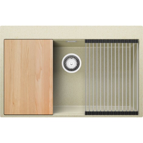 Evier Cuisine en Granit 78 x 50 cm Lavabo 1 bac + Siphon Classique, Évier à Encastrer de Primagran, Beige