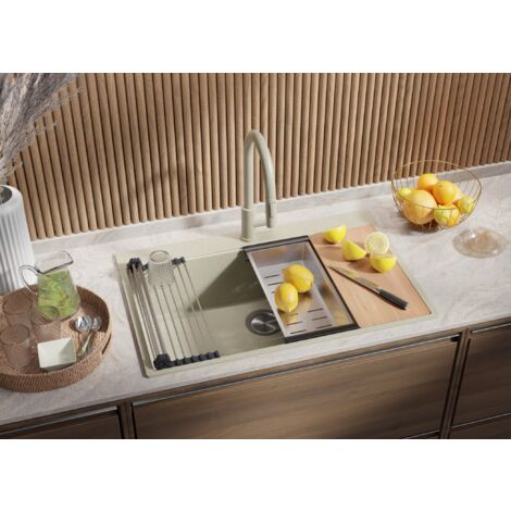 Evier Cuisine en Granit 78 x 50 cm Lavabo 1 bac + Siphon Classique, Évier à Encastrer de Primagran, Beige