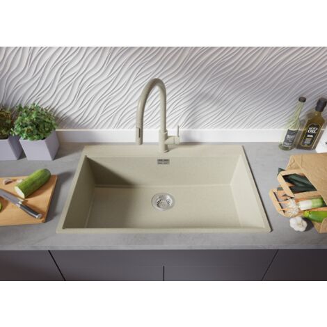 Evier Cuisine en Granit 78 x 50 cm Lavabo 1 bac + Siphon Classique, Évier à Encastrer de Primagran, Beige