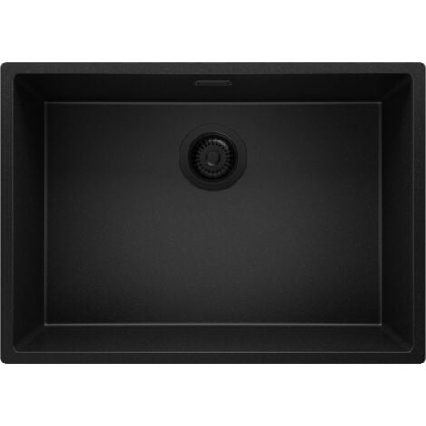 Evier Cuisine en Granit 66x47 cm Lavabo 1 bac + Siphon Classique, Évier sous plan de Primagran, Tout Noir