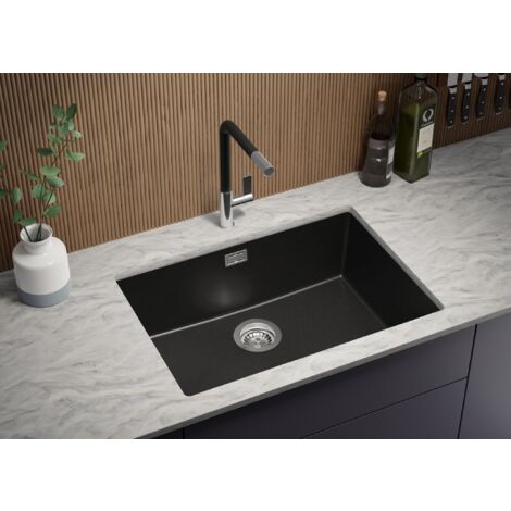 Evier Cuisine en Granit 66x47 cm Lavabo 1 bac + Siphon Classique, Évier sous plan de Primagran, Tout Noir