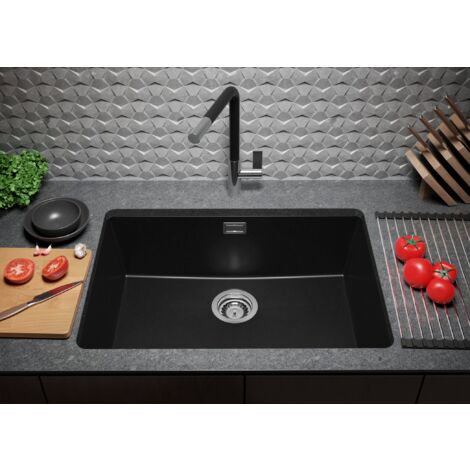 Evier Cuisine en Granit 66x47 cm Lavabo 1 bac + Siphon Classique, Évier sous plan de Primagran, Tout Noir