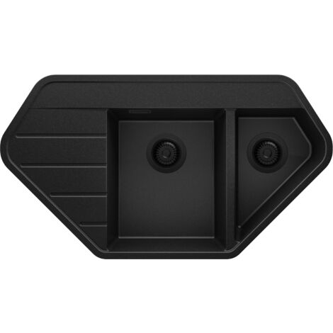 PRIMAGRAN Evier d'angle en Granit 90x50cm, Lavabo Cuisine 1,5 bacs + Kit de Vidage, Évier à Encastrer au meuble 80cm - Copenhague Corner, Tout Noir