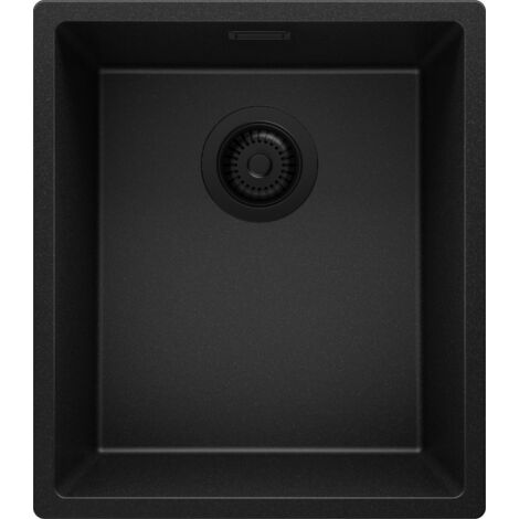 PRIMAGRAN Evier Cuisine en Granit 41x47cm, Lavabo 1 bac + Kit de Vidage, Évier à Encastrer au meuble 45cm - London Slim, Tout Noir (1/5)
