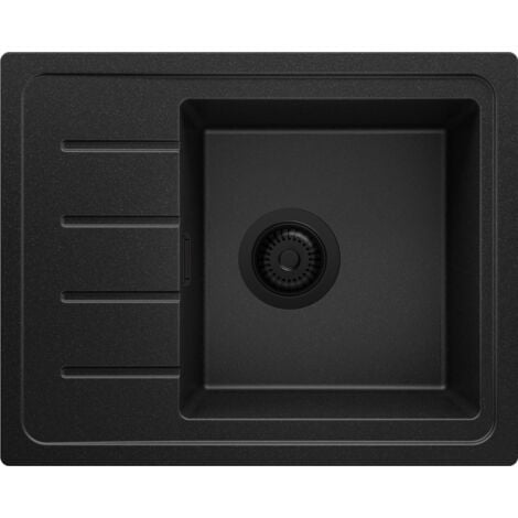 PRIMAGRAN Evier Cuisine en Granit 55x44cm, Lavabo 1 bac + Kit de Vidage, Évier à Encastrer au meuble 45cm - Copenhague Easy, Tout Noir