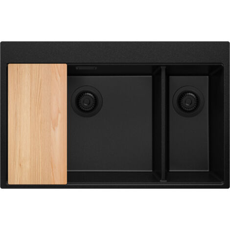 PRIMAGRAN Evier Cuisine en Granit 78x50cm, Lavabo 2 bacs + Kit de Vidage + Planche à Découper, Évier à Encastrer au meuble 80cm - Oslo Duo, Tout Noir