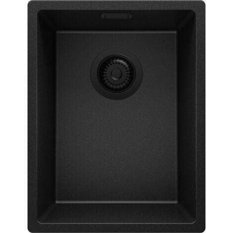 PRIMAGRAN Evier Cuisine en Granit 36x47cm, Lavabo 1 bac + Kit de Vidage, Évier à Encastrer au meuble 40cm - London Slim, Tout Noir (1/5)