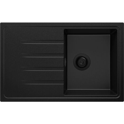 PRIMAGRAN Evier Cuisine en Granit 78x50cm, Lavabo 1 bac + Kit de Vidage, Évier à Encastrer au meuble 45cm - Milan, Tout Noir
