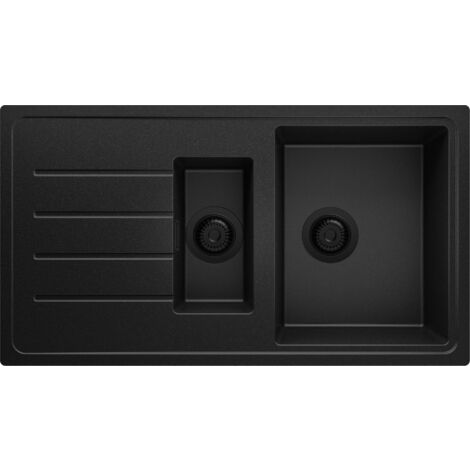 PRIMAGRAN Evier Cuisine en Granit 90x50cm, Lavabo 1,5 bacs + Kit de Vidage, Évier à Encastrer au meuble 60cm - Copenhague Duo, Tout Noir