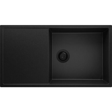PRIMAGRAN Evier Cuisine en Granit 90x50cm, Lavabo 1 bac + Kit de Vidage, Évier à Encastrer au meuble 60cm - Ibiza, Tout Noir