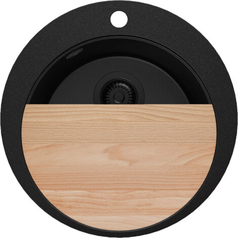 PRIMAGRAN Evier cuisine Granit Rond 50x50cm, Evier 1 bac + Kit de Vidage + Planche à Découper, Lavabo Cuisine au meuble 45cm - Pise, Tout Noir (1/5)