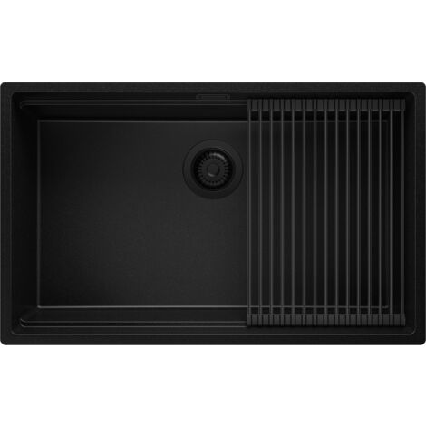 PRIMAGRAN Evier Sous Plan 76x47cm, Evier en Granit 1 bac + Kit de Vidage + Égouttoir Enroulable, Évier au meuble 80cm - Prague, Tout Noir