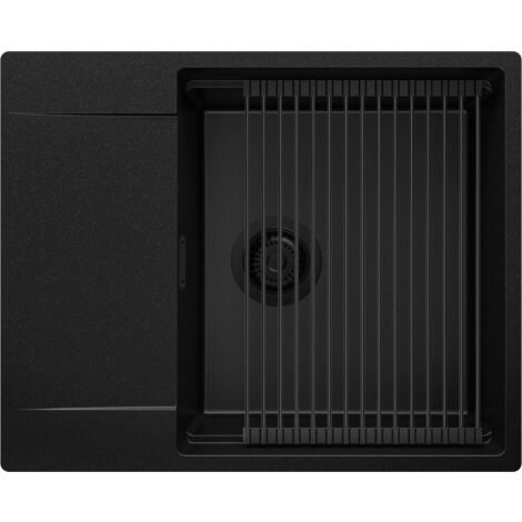 PRIMAGRAN Evier Cuisine en Granit 62x50cm, Lavabo 1 bac + Kit de Vidage + Égouttoir Enroulable, Évier à Encastrer au meuble 50cm - San Francisco, Tout Noir (1/5)