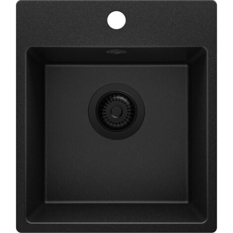 PRIMAGRAN Evier Cuisine en Granit 38x44cm, Lavabo 1 bac + Kit de Vidage, Évier à Encastrer au meuble 40cm - Riga Easy, Tout Noir