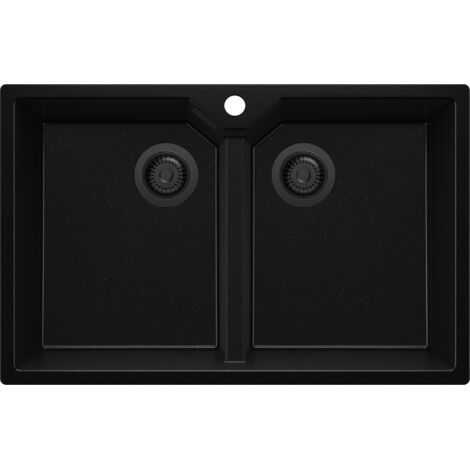 PRIMAGRAN Evier Cuisine en Granit 78x50cm, Lavabo 2 bacs + Kit de Vidage, Évier à Encastrer au meuble 80cm - Madrid Twin, Tout Noir (1/5)