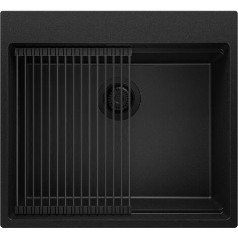 PRIMAGRAN Evier Cuisine en Granit 58x53cm, Lavabo 1 bac + Kit de Vidage + Égouttoir Enroulable, Évier à Encastrer au meuble 60cm - Oslo Max, Tout Noir (1/5)