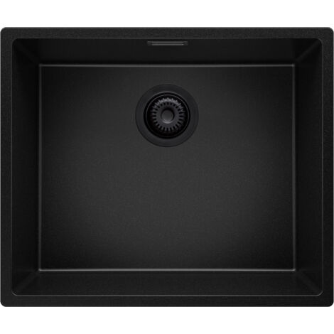 PRIMAGRAN Evier Cuisine en Granit 56x47cm, Lavabo 1 bac + Kit de Vidage, Évier à Encastrer au meuble 60cm - London Slim, Tout Noir