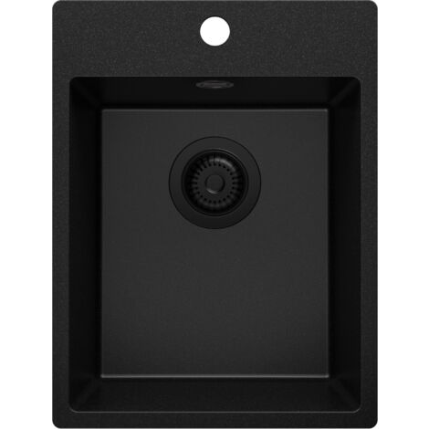 PRIMAGRAN Evier Cuisine en Granit 38x50cm, Lavabo 1 bac + Kit de Vidage, Évier à Encastrer au meuble 40cm - Riga, Tout Noir