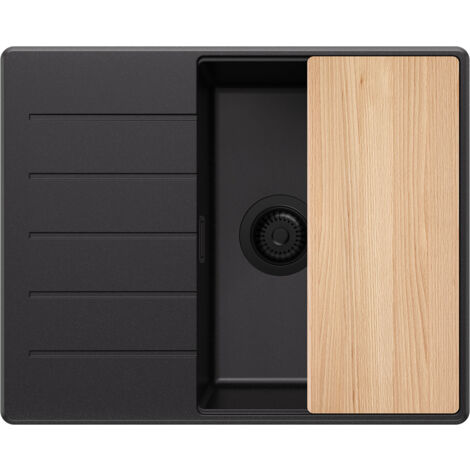 PRIMAGRAN Evier Cuisine en Granit 62x50cm, Lavabo 1 bac + Kit de Vidage + Planche à Découper, Évier à Encastrer au meuble 45cm - Copenhague, Tout Noir