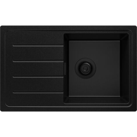 PRIMAGRAN Evier Cuisine en Granit 70x44cm, Lavabo 1 bac + Kit de Vidage, Évier à Encastrer au meuble 45cm - Copenhague Easy, Tout Noir (1/5)