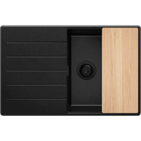 PRIMAGRAN Evier Cuisine en Granit 78x50cm, Lavabo 1 bac + Kit de Vidage + Planche à Découper, Évier à Encastrer au meuble 50cm - Copenhague, Tout Noir