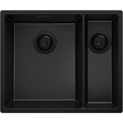 PRIMAGRAN Evier Sous Plan 56x47cm, Evier en Granit 1,5 bacs + Kit de Vidage, Évier au meuble 60cm - London Duo, Tout Noir (1/5)