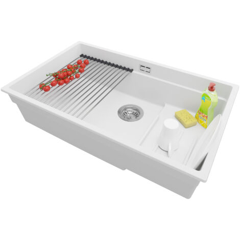 PRIMAGRAN Evier Cuisine en Granit 76x47cm, Lavabo 1 bac + Kit de Vidage + Égouttoir Enroulable, Évier à Encastrer au meuble 80cm - Prague Slim, Blanc (1/5)