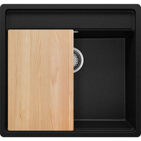 PRIMAGRAN Evier d'angle en Granit 56x53cm, Lavabo Cuisine 1 bac + Kit de Vidage + Planche à Découper, Évier à Encastrer au meuble 60cm - Bergen, Noir Métallisé (1/5)