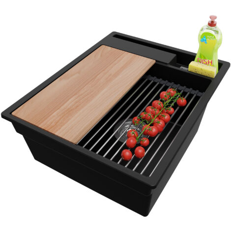 PRIMAGRAN Evier Cuisine en Granit 43x53cm, Lavabo 1 bac + Kit de Vidage + Accessoires, Évier à Encastrer au meuble 45cm - Oslo Pocket, Noir (1/5)