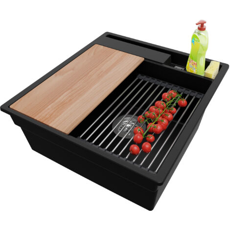 PRIMAGRAN Evier Cuisine en Granit 48x53cm, Lavabo 1 bac + Kit de Vidage + Accessoires, Évier à Encastrer au meuble 50cm - Oslo Pocket, Noir (1/5)
