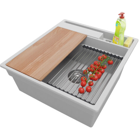 PRIMAGRAN Evier Cuisine en Granit 48x53cm, Lavabo 1 bac + Kit de Vidage + Accessoires, Évier à Encastrer au meuble 50cm - Oslo Pocket, Gris (1/5)