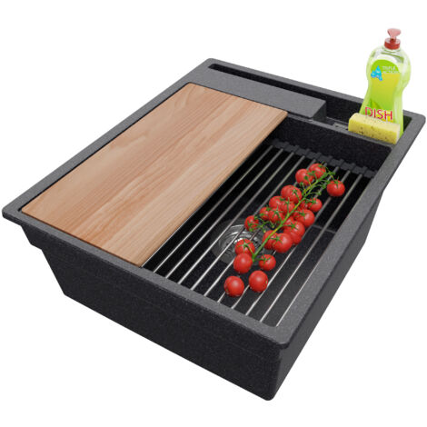 PRIMAGRAN Evier Cuisine en Granit 43x53cm, Lavabo 1 bac + Kit de Vidage + Accessoires, Évier à Encastrer au meuble 45cm - Oslo Pocket, Graphite (1/5)