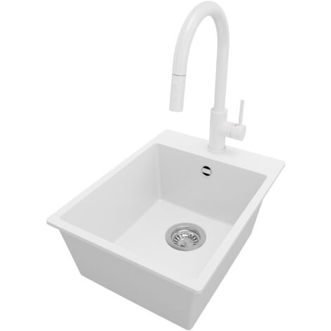 PRIMAGRAN Evier Cuisine en Granit 38x50cm, Lavabo 1 bac + Robinet 40x20cm + Kit de Vidage, Évier à Encastrer au meuble 40cm - Riga, Blanc