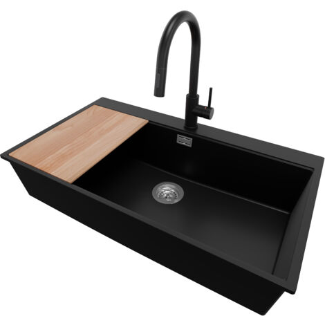 PRIMAGRAN Evier Cuisine en Granit 88x50cm, Lavabo 1 bac + Robinet 40x20cm + Kit de Vidage + Planche à Découper, Évier à Encastrer au meuble 90cm - Oslo, Noir